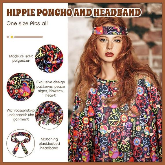 Хіпі костюм жіночій ретро у стилі 60х 70х для Хелловіну, вечірки, корпоративу, карнавальний комплект хіппі пончо | Зображення 1
