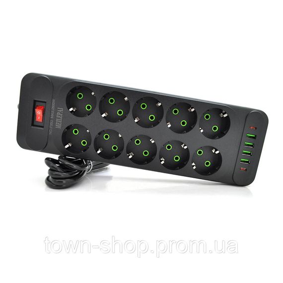 Сетевой фильтр F35U, 10 розеток EU + 4 USB + 2 PD, кнопка включения с индикатором, 2 м, 3х0,75мм, 2500W,