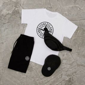 Костюм футболка + шорти + кепка та бананка Stone island колір білий/чорний