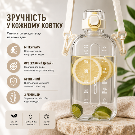 Бутылка для воды 750 мл бежевая, BPA-free с ремешком и мерной шкалой | Зображення 2