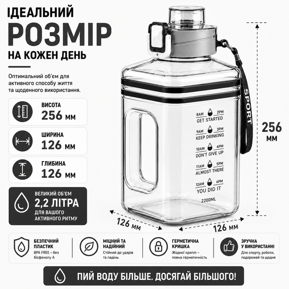 Спортивная Бутылка 2200 мл (Gallon) из белого прозрачного и безопасного пластика (BPA Free) | Зображення 6
