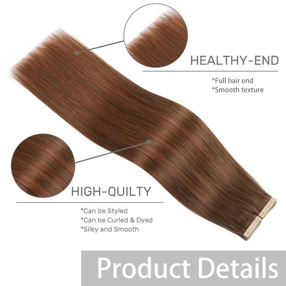 Накладные пряди на клейкой основе натуральные волосы 50 см ленточное наращивание шоколадные с рыжим оттенком | Зображення 4