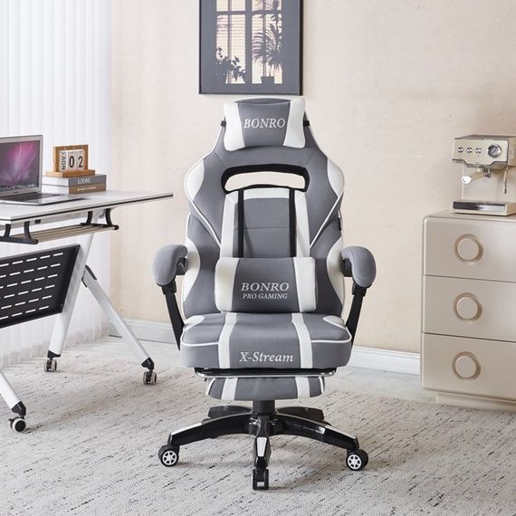 Крісло геймерське з тканини Bonro Бонро B-141 біло-сіре з підставкою для ніг (42401111) | Зображення 9