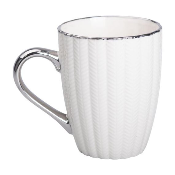 Чашка фарфоровая 400 (мл) с серебристым ободком и ручкой для чая Бежевая RX-N231315BE