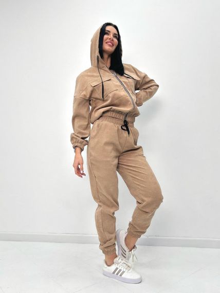 Женский спортивный вельветовый костюм демисезонный на молнии GF07953 цвет бежевый, размер 42/44