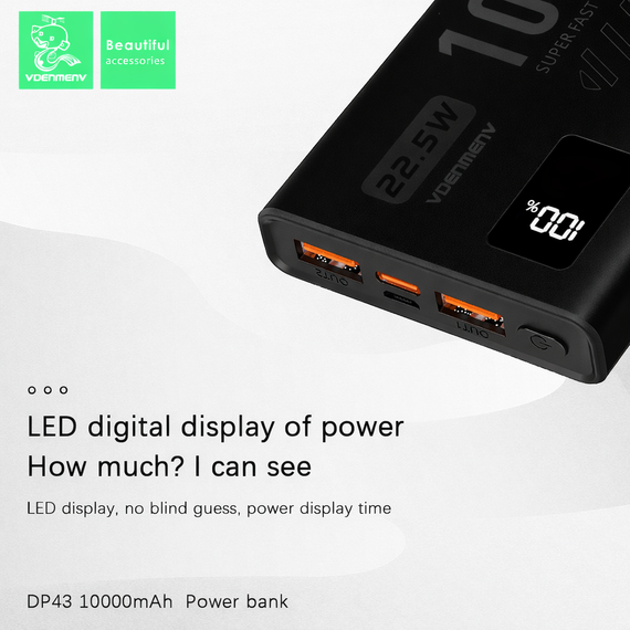 Павербанк VDENMENV DP43 10000mAh 22.5W PD + QC 3.0 з дисплеєм, чорний | Зображення 5