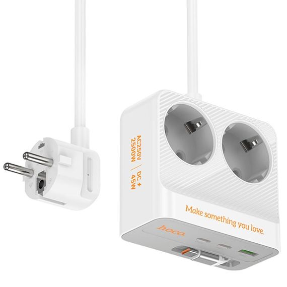 Подовжувач Hoco AC28 Descanso (PD45W/1C/3A/2xSocket) (2m) White | Зображення 1