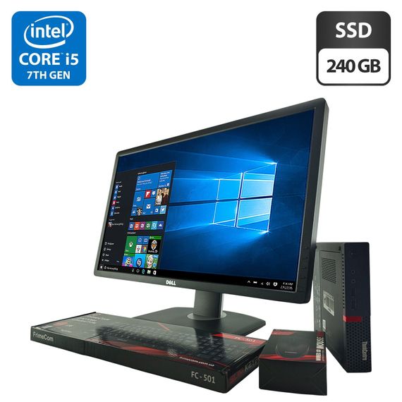 Неттоп Lenovo ThinkCentre M710q Tiny USFF / Intel Core i5-7400T (4 ядра по 2.4 - 3.0 GHz) / 4 GB DDR4 / 240 GB SSD / Intel HD Graphics 630 / VGA / Блок питания + Монитор 24" (1920x1080) TN б/у