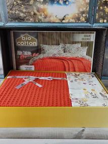Постельное белье летнее Bio Cotton Oranc Ранфорс (покрывало вафельное) Евро размер