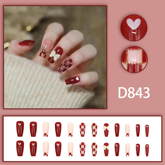 Накладні нігті довгі з бантиком з клеєм D843 Червоний 24 шт (A9476)