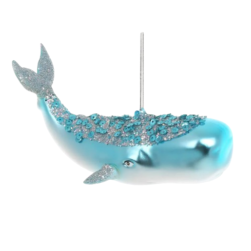 Ялинкова прикраса зі скла Кит з паєтками 13см, колір - блакитний