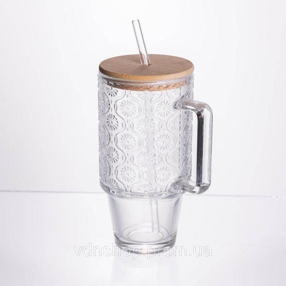 Кружка скляна з кришкою та трубочкою 750 (мл) чашка з трубочкою та кришкою на подарунок HP-19-48N | Зображення 1