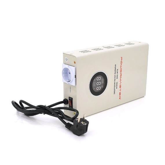 Стабілізатор напруги настінний релейний POWERMASTER SW-1000, 1000W, LED, 6 ступенів, діапазон 140-260V, 220±7%, 2*Shuko, Метал,