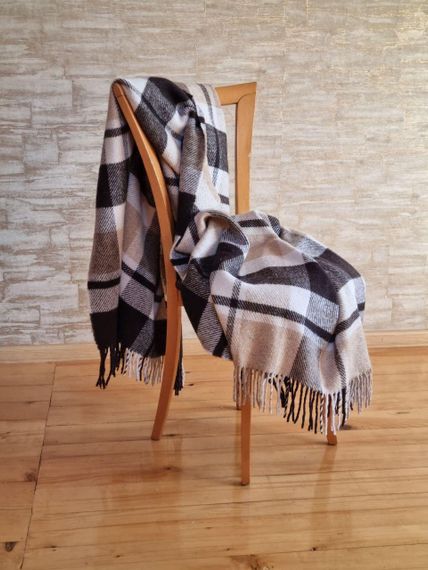 Плед-покрывало клетчастый, бежевый / шотландский стиль / 140 х 200 см / 50% шерсти