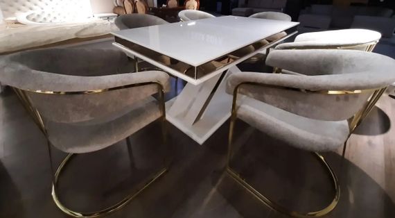 Обідній розкладний стіл Мілано (Milano) із золотим декором на глянсовій стільниці та нозі 180-220-260х95 см | Зображення 2