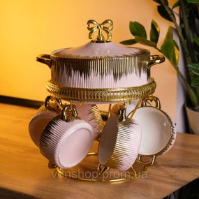 Суповой сервиз на 6 персон супница 2 (л) на подставке с бульонницами 400 (мл) тарелки для супа Розовый с золотом FM-A23-5