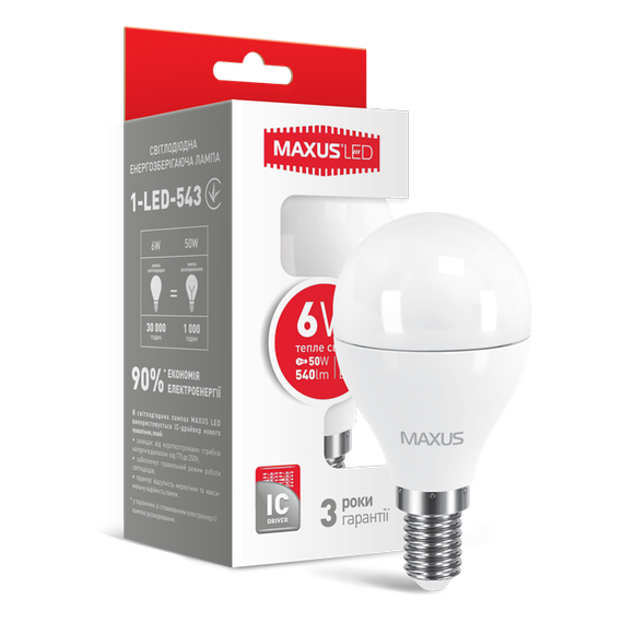 LED-лампа MAXUS G45 6W тепле світло E14 (1-LED-543)