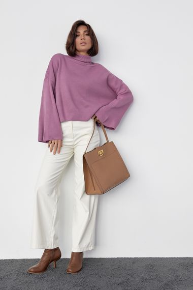 Однотонная кофта с высокой горловиной и расширенными рукавами - лавандовый цвет, S (есть размеры) | Зображення 4