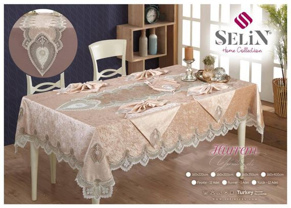 Велюрова скатертина з ранером Selin Hurrem Set 160×300+12 серветок Бежева