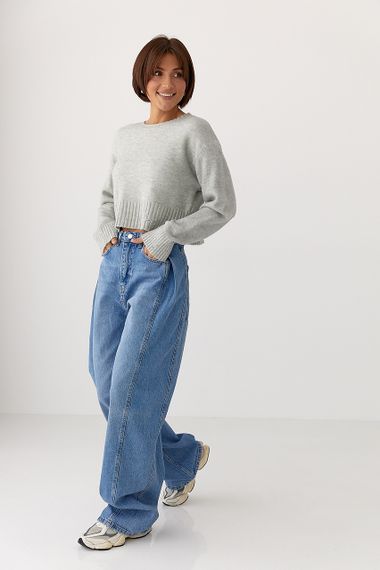 Укорочена в’язана кофта зі рваним ефектом - сірий цвет, ONE SIZE (є розміри) | Зображення 2