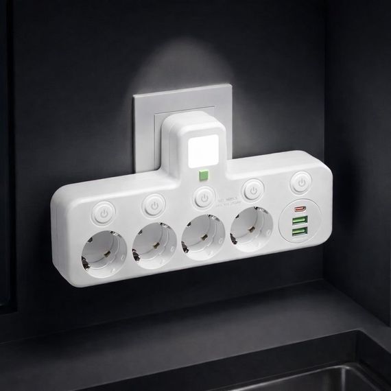 Мережевий фільтр-розгалужувач 2500W, 4х220V, 2xUSB, 1хType-C, 8625UL, Білий/Настінний трійник із підсвіткою | Зображення 3