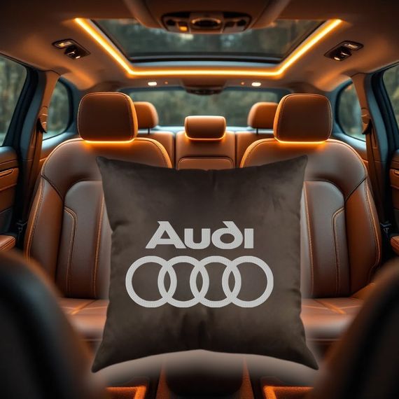 Авто Подушка c вышивкой логотипа марки ауди Audi коричневый автомобилисту 00454