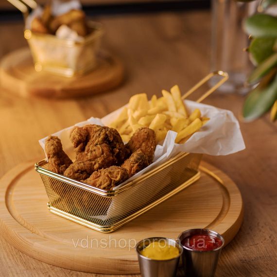 Кошик сервірувальний 21×11.5×5.5 см для подачі картоплі фрі та снеків з ручкою Золота HP-19-11-G | Зображення 3