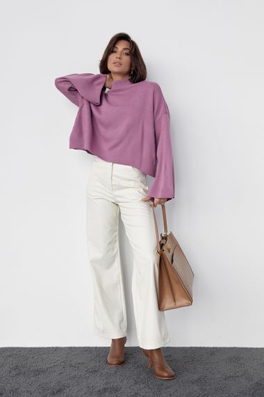 Однотонная кофта с высокой горловиной и расширенными рукавами - лавандовый цвет, S (есть размеры) | Зображення 2