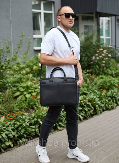 Чоловічий портфель на плече 38х28х8.5, офісний шкіряний месенджер, чоловіча ділова сумка для міста, чорна | Зображення 4