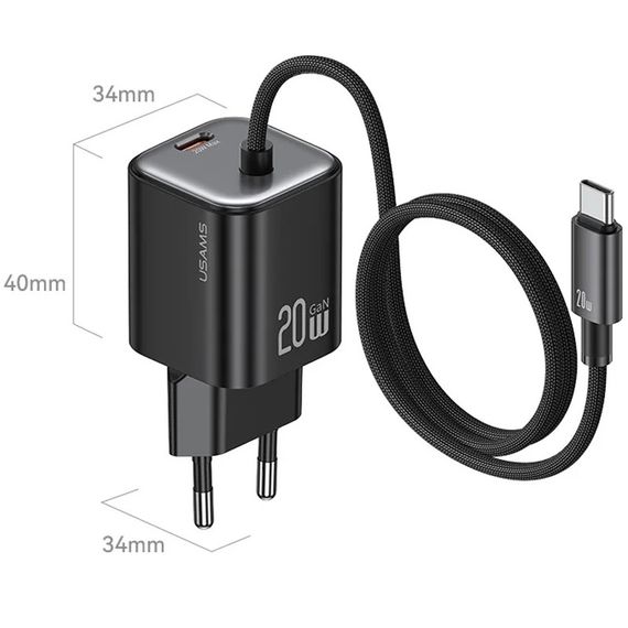 СЗУ Usams US-CC261 GaN JC Ser. 20W (2USB-C) + кабель Type-C to Type-C Black | Зображення 2