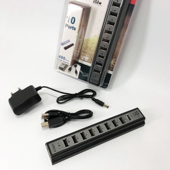 Розгалужувач USB HUB на 10 портів з активною зарядкою 220V. GD-664 Колір чорний | Зображення 6