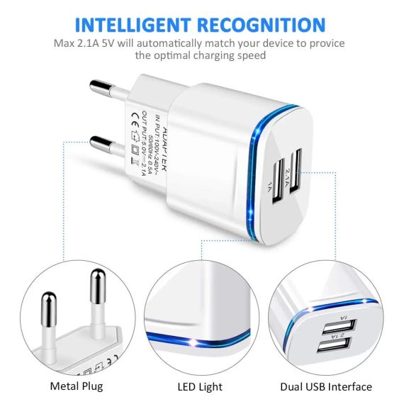 USB зарядний пристрій для телефонів і планшетів на 2 роз'єми LUOATIP, 3-Pack Travel Charger 2.1A/5V | Зображення 2