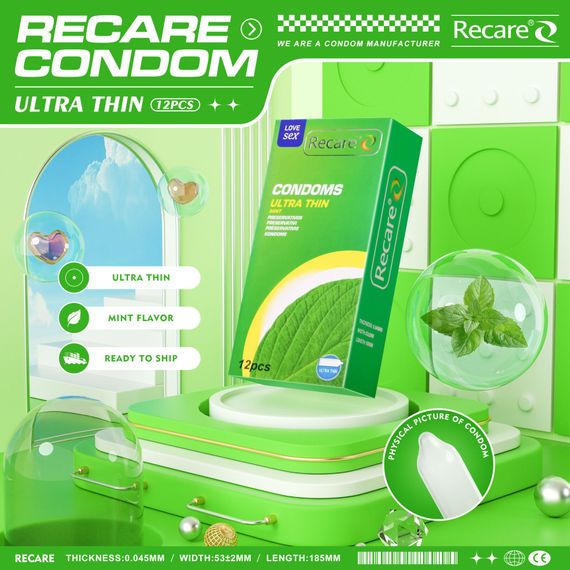 Презервативи Ultra Thin Mint Condoms Recare 12 шт, ультратонкі, аромат: м'ята | Зображення 4
