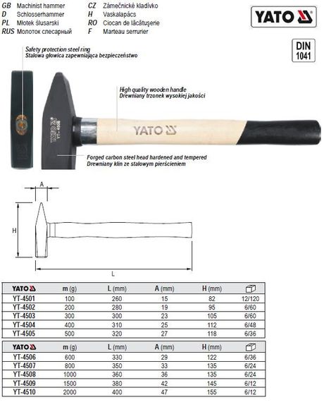 Молоток слюсарний DIN 1041 m=500 l=320 мм YATO YT-4505