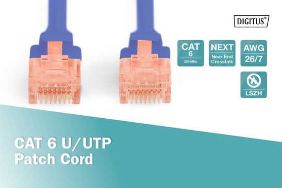 Патч-корд Digitus  CAT 6 UTP, 10м, AWG 26/7, Cu, LSZH, синього кольору (DK-1617-100/B) | Зображення 1