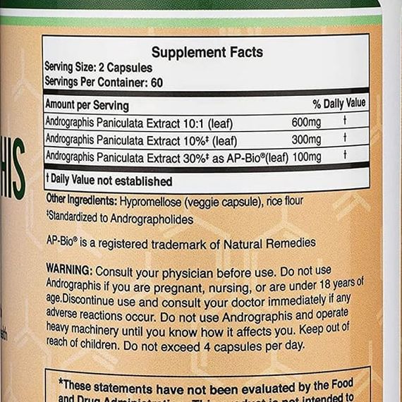 Натуральная добавка для иммунитета Double Wood Andrographis 1000 mg (2 caps per serving) 120 Caps | Зображення 1