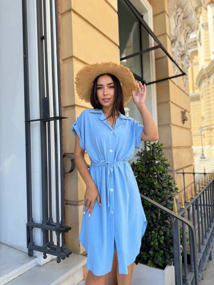 Жіноча літня сукня-сорочка з короткими рукавами на ґудзиках турецький льон-жатка adl773 колір блакитний, розмір 42/44