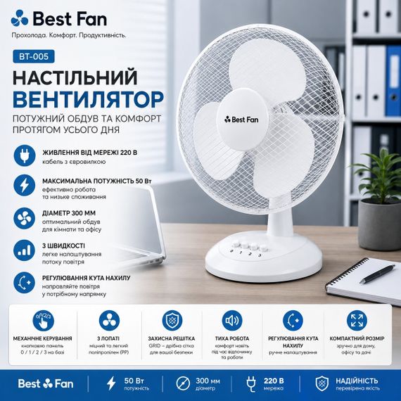 Вентилятор настільний Best Fan BT-005, 30 см, 50 Вт, 3 швидкості | Зображення 2