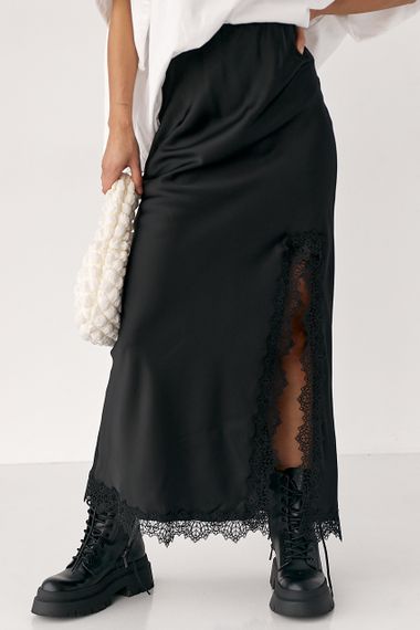 Сатинова довга спідниця з розрізом - чорний цвет, M (є розміри)