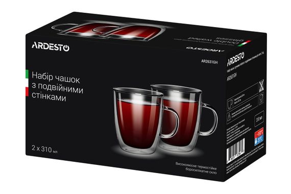 Набор чашек с ручками Ardesto с двойными стенками, 310 мл, H 10,2 см, 2 шт, боросиликатное стекло (AR2631GH) | Зображення 1