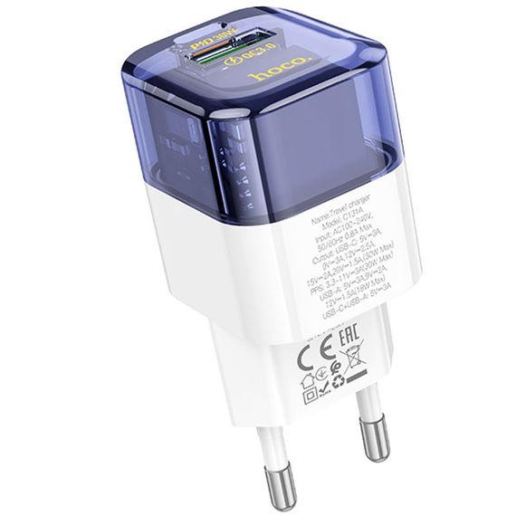 СЗУ Hoco C131A Platium PD30W+QC3.0 (1USB-A/1C) Transparent blue