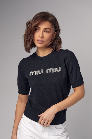 Ажурная футболка с надписью Miu Miu - черный цвет, S (есть размеры) | Зображення 4