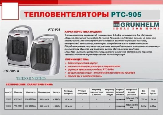 Тепловентилятор керамічний GRUNHELM РТС-905A | Зображення 1