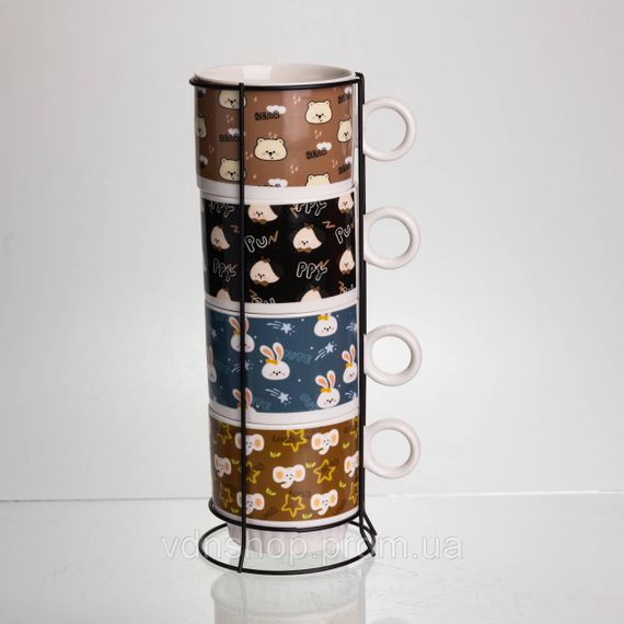 Набір порцелянових чашок для дітей на металевій підставці Toys 4 (шт) по 300 (мл) подарунковий набір чашок FM-15 | Зображення 1