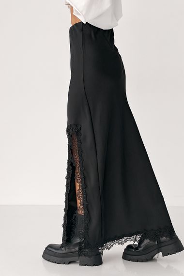 Сатинова довга спідниця з розрізом - чорний цвет, M (є розміри) | Зображення 4