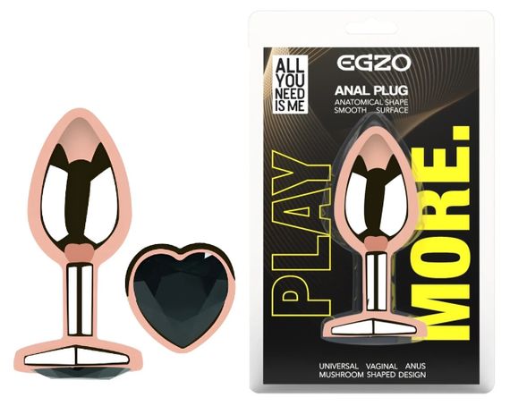 Анальна пробка EGZO Rose Gold Heart Plug із чорним сердечком, металева, розмір S, з кристалом Sex Aura