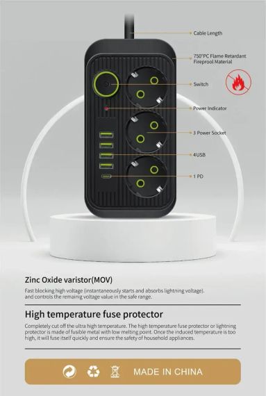 Сетевой фильтр питания UA Power Socket F09U 3 розетки +4USB +Type-C Port 2m, сетевой удлинитель розеток | Зображення 5