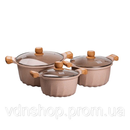 Набір із трьох каструль та сковорідок з кришками 24, 28, 32 см, товсте алюмінієве дно MGC HP-4-402