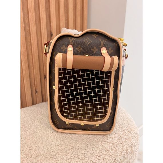 Брендовая сумка-переноска для собак и кошек Louis Vuitton с бежевыми ручками и железной сеточкой, коричневая | Зображення 3