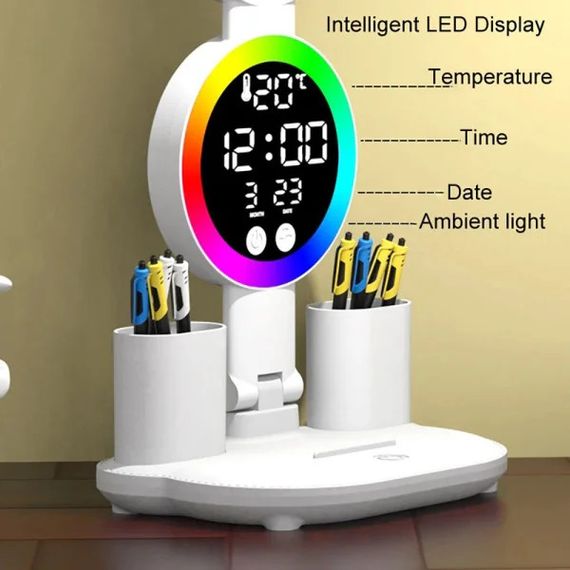 Настільна LED лампа KRX-104 з RGB-підсвіткою, вентилятором, годинником і підставкою | Зображення 1